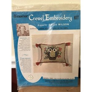 NOS Vtg 60s Hiawatha Crewel Embroidery Kit Owl Pillow Picture Erica Wilson